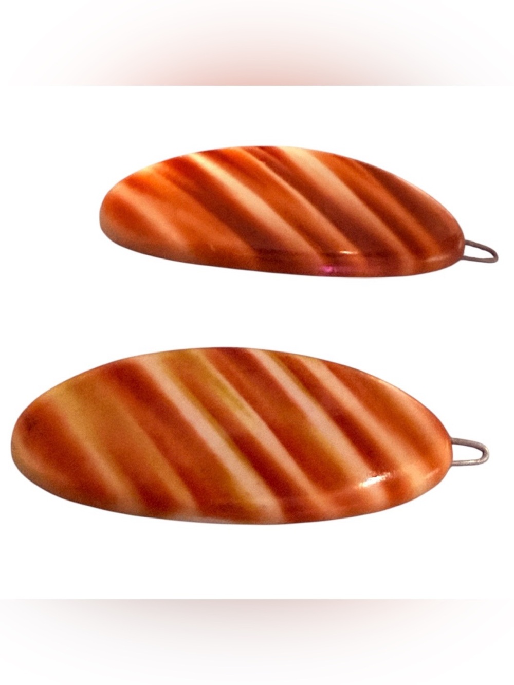 1960’s Orange Striped Oval French Barrettes, One Pair, Deadstock Unworn, 2”